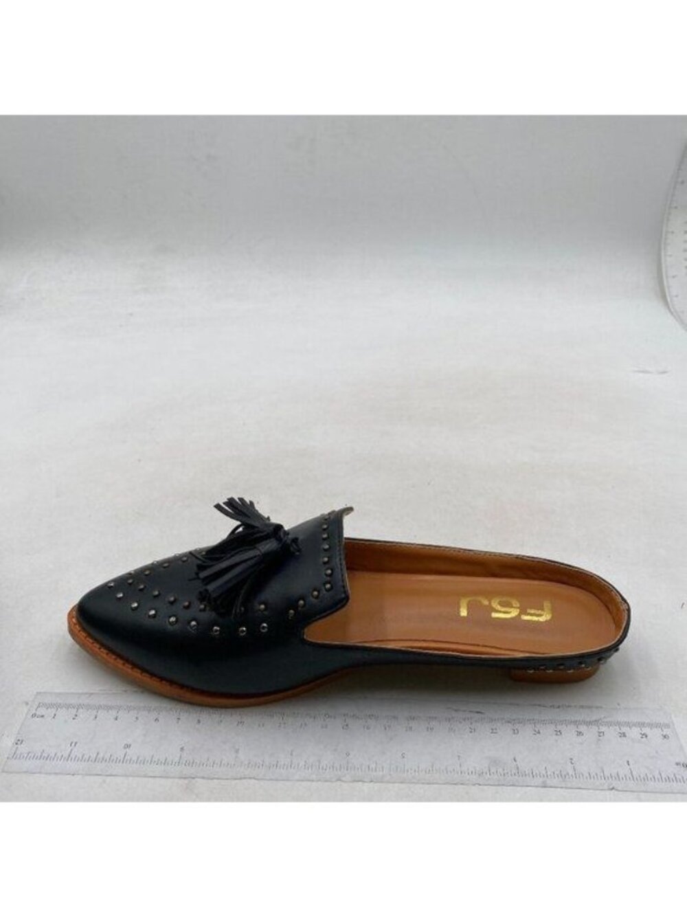 FSJ Mules for Women Pointed Toe Backless,Slides Loafer Flats with Tassels Black